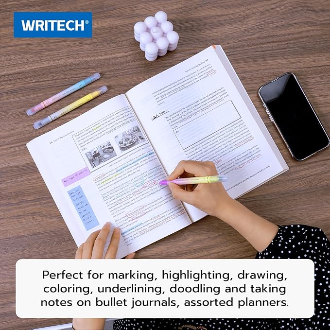 WRITECH Dual Tip Highlighter Markers: Aesthetic Fine & Chisel Tip Assorted Pastel Colors Marker Multicolor Pens Pack for Bible Highlighting Journaling Drawing 12ct