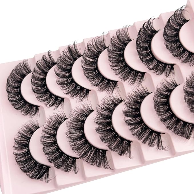 Mink Lash Fluffy Natural Look D Curl Eyelashes that Look Like Extensions Short Thick Lashes 7 Pair Wispy Cat Eye Strip False Volume Lash Pack 8-16mm Full Mega Double Stacked Eyelash Small Fake Lashes