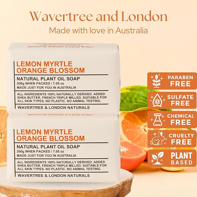 Wavertree & London Lemon Myrtle & Orange Blossom Scented Natural Soap Bars (2 Bars), 7oz Moisturizing French Triple Milled Soap enriched with shea butter - Bath & Body Bars [100% Naturally derived]