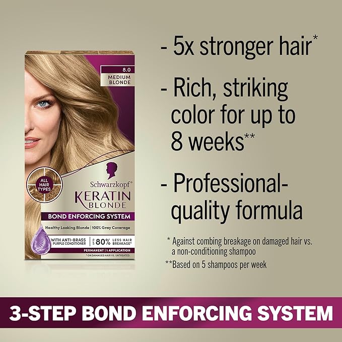 Schwarzkopf Keratin Blonde Hair Dye, 8.0 Medium Blonde, Professional Quality Permanent Hair Color, Bond Enforcing System Helps Prevent Breakage* Pre-Color Serum & Purple Conditioner Included