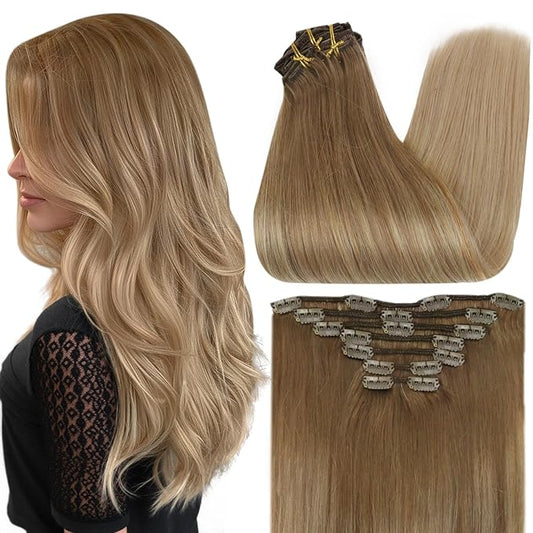 Full Shine Balayage Clip in Hair Extensions Human Hair Blonde Clip in Extensions Human Hair Light Brown to Blonde Remy Clip Hair Double Weft Clip in Hair 7 Pcs 12 Inch