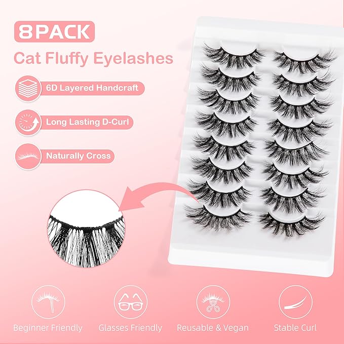 Manga Lashes Natural Eyelashes Spiky False Eyelashes Invisible Band 6D Cat Eye Lashes Wispy Fake Lashes Cosplay Anime Lashes 8 Pairs Asian Doll Lashes