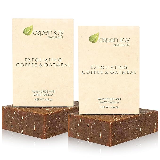 Aspen Kay Naturals Coffee & Oatmeal Exfoliating Soap, Natural and Organic Coffee Scrub. With Organic Shea Butter & Pure Essential Oils. A Wonderful Oatmeal Soap, For Men & Women. (2 pack)