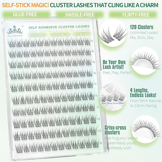 Self Adhesive Lashes Clusters Natural Look No Glue Eyelash Extensions Wispy Pre Glued Self Adhesive Eyelashes Reusable DIY Lash Extensions 120Pcs 9mm 10mm 11mm 13mm