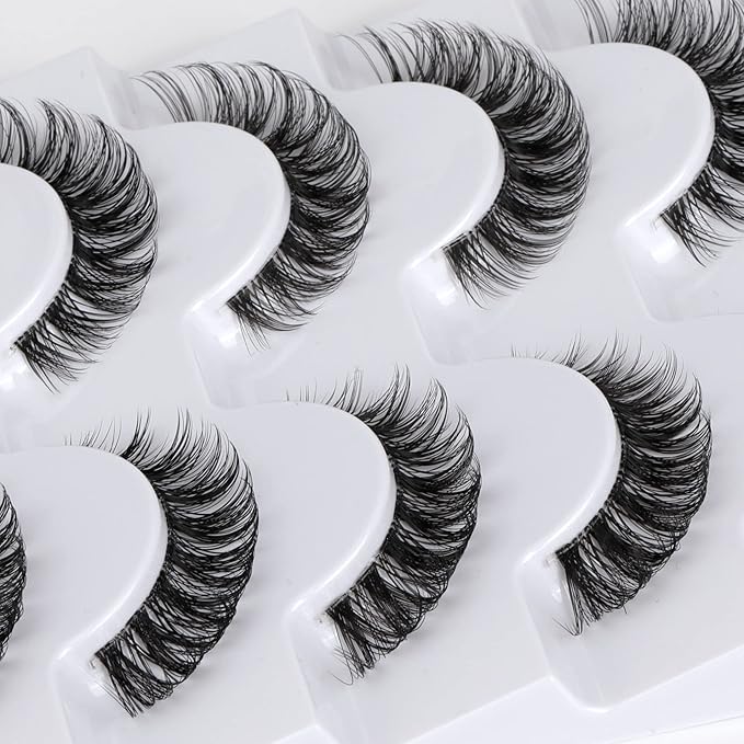 False Eyelashes Wispy Natural C Curl Strip Lashes Transparent Lash Bands Fluffy Cat Eye Lashes 7 Pairs by Yawamica