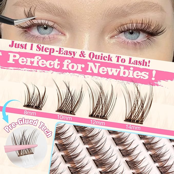 Yawamica Self Adhesive Eyelashes Brown Lash Clusters No Glue Needed Press on Lashes Reusable Pre-glued Eyelash Clusters 8-14mm Wispy Individual Lashes C Curl Cluster Lashes DIY Brown Lash Extension