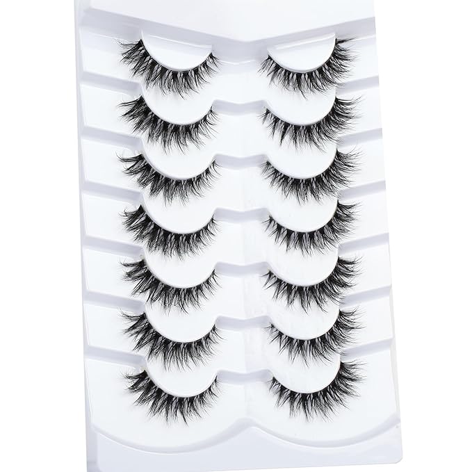 Pooplunch False Eyelashes Invisible Band Cat Eye Look Natural Wispy Lashes Extension Volume Short Fake Eyelashes Faux Mink Lash Strips 7 Pairs Pack