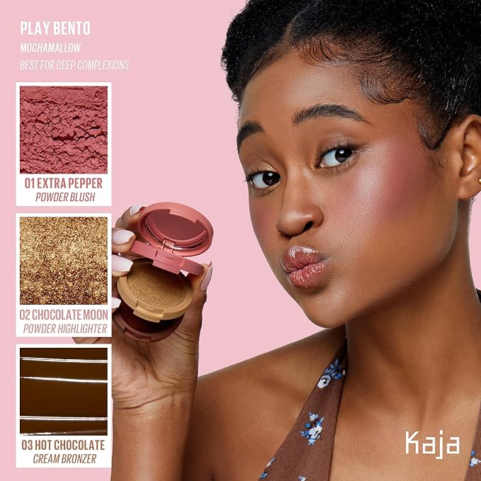 KAJA 3 Colors Palette - Play Bento_Mochamallow | Powder Blusher, Highlighter, Cream Bronzer, Creamy Application, with Mango Seed Butter, Powdery Finish, Easy Finger Application, Lightweight Formula