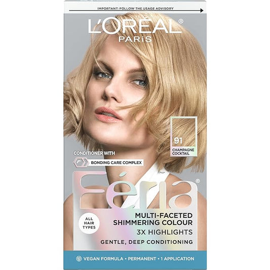 L'Oreal Paris Feria Multi-Faceted Shimmering Permanent Hair Color, 91Champagne Cocktail (Light Beige Blonde), Pack of 1 Hair Dye Kit