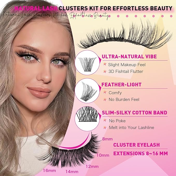 Lash Extension Kit,144 pcs Lash Clusters Kit Individual D Curl Lash Kit with Eyelash Bond and Seal Waterproof and Applicator for False Eyelashes Extension(Cove-Mix 8-16mm Kit)