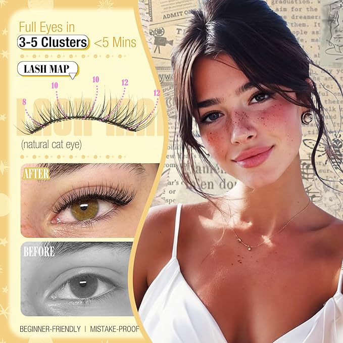 Short Lash Clusters Natural Cluster Eyelash Extensions 8-10-12MM Clear Band Cluster Lashes Extensions Wispy Individual Lashes CC-Curly Eyelash Clusters Pestañas Postizas Naturales 144Pcs DIY Lashes