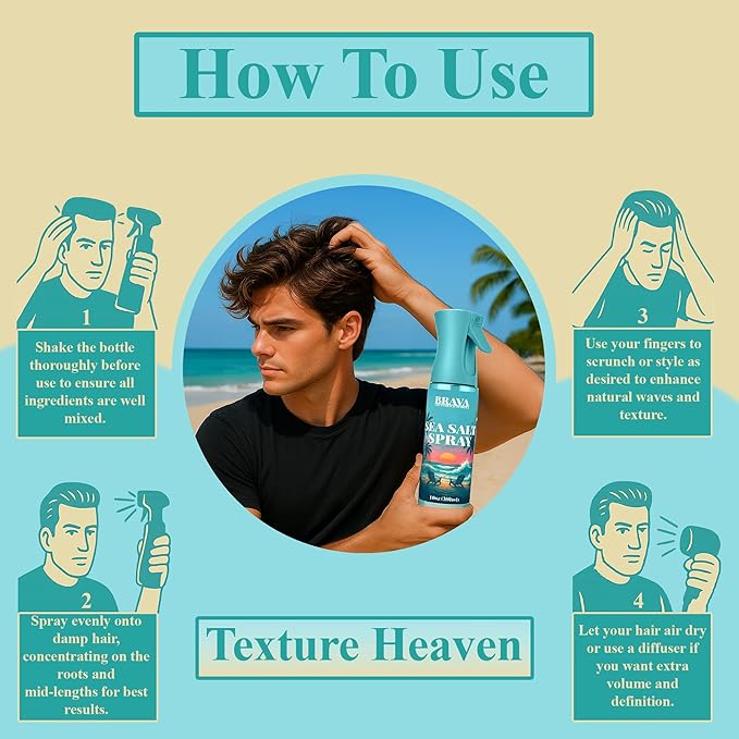 BRAVA Sea Salt Spray for Men -Natural Hair Texturizing - Adds Effortless Beachy Waves and Texture for Casual Finish - Great Christmas Gift for Men Idea 10 OZ