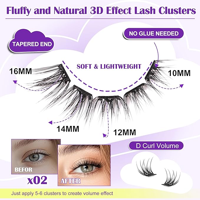 JoMay Self Adhesive Eyelashes, Press on Lashes No Glue Needed, Glueless Lashes Pre-Glued Natural Cluster Extension Kit D Curl For Beginners, No Sticky Residue 1 Step DIY 48PCS 10-16mm X02
