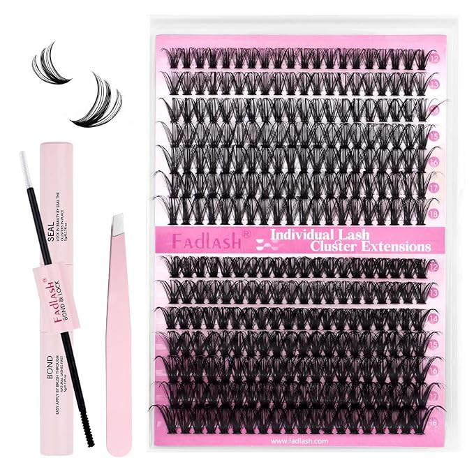 FADLASH DIY Lash Extension Kit Individual Lashes Cluster D Curl Eyelash Extension Kit with Lash Bond and Seal and Lash Applicator Tool for Self Application at Home (40D+50D-0.07D-12-18MIX KIT)