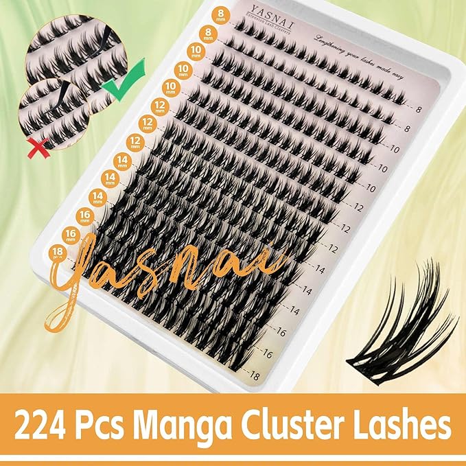 Manga Lashes Clusters YASNAI Wispy Lash Cluster Extensions 224Pcs Anime Eyelash Clusters CC-Curly Spikes Natural Look 8-16MM Fairy Cluster Individual Lash Pack