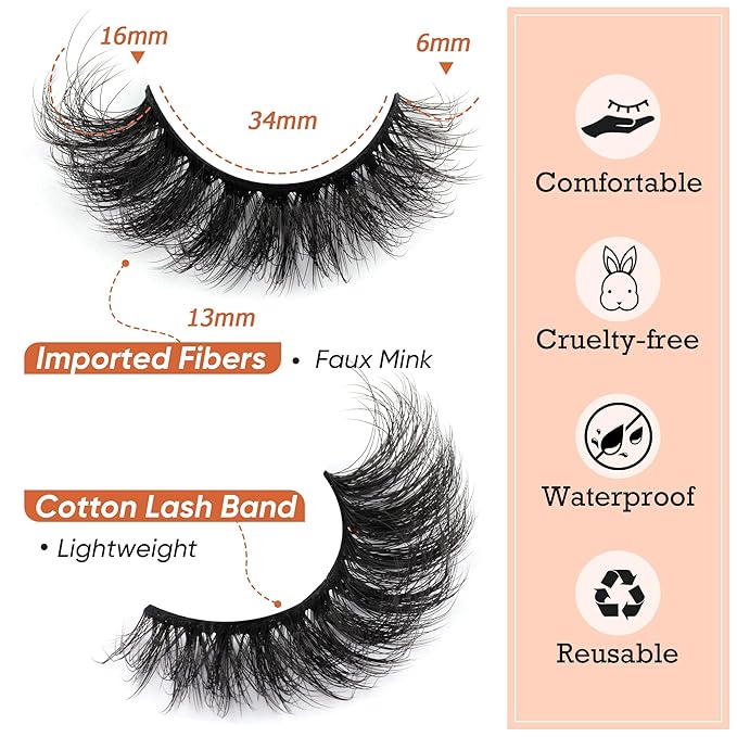 Focipeysa Fluffy Volume False Eyelashes Cat Eye Lashes Thick Fake Eyelashes Dramatic Faux Mink 9D 16mm Pack 7 Pairs