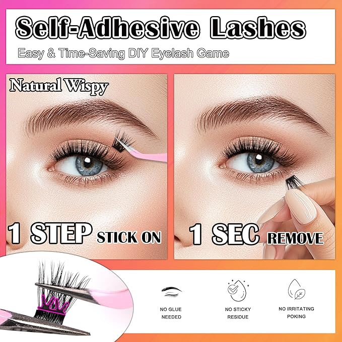 JoMay Self Adhesive Flat Lashes Clusters, Press On No Glue Needed Natural Look, Pre-Glued Eyelash Cluster Extensions, Stick On Lashes Easy Eyelashes For Beginners DIY 56PCS - D Curl Ultra Soft X5