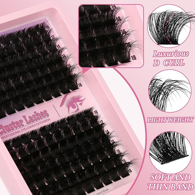 D Curl Lash Clusters Extensions 140 Pcs Individual Eye lash Clusters 300D Cluster Eyelash Lashes Wispy Clusters Lashes Makeup at Home - DIY Lash Extension Kit for Self Application