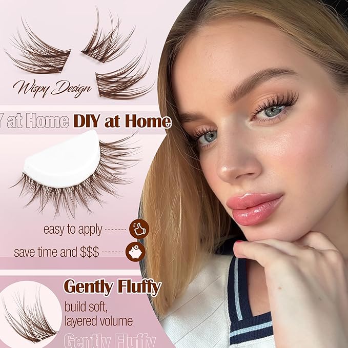 Wispy Cluster Eyelash Extensions Kit Brown Lash Clusters Kit Natural Fluffy Individual Lashes Clear Band Cluster Lashes Pack Dark Brown DIY Lash Extensions Lash Bond and Seal Clear (132Pcs, 8-16MM)