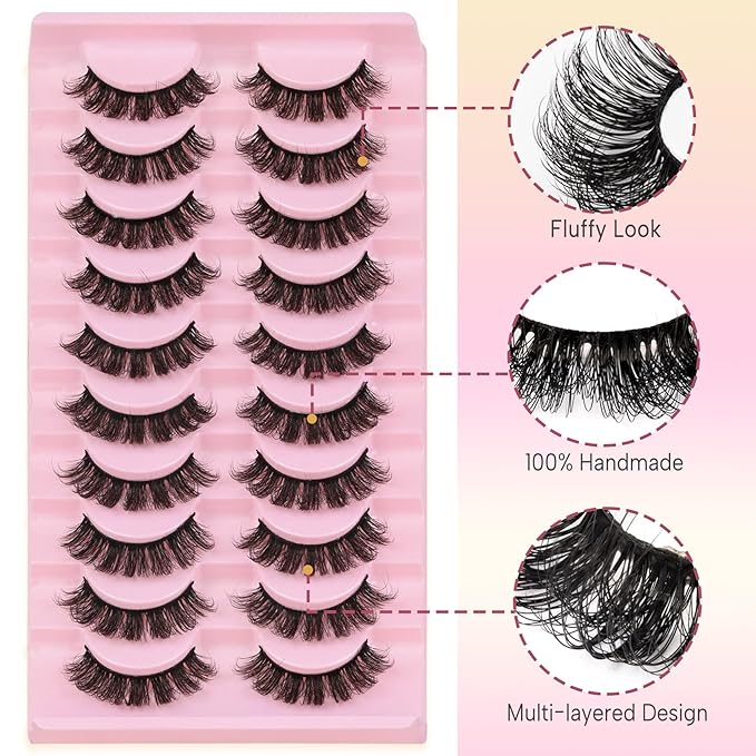 Ahrikiss Russian Strip Lashes D Curl Fluffy False Eyelashes Natural Wispy Faux Mink Lashes Look Like Extensions 10 Pairs Pack Fluffy 3D Volume Fake Eyelashes (D03)