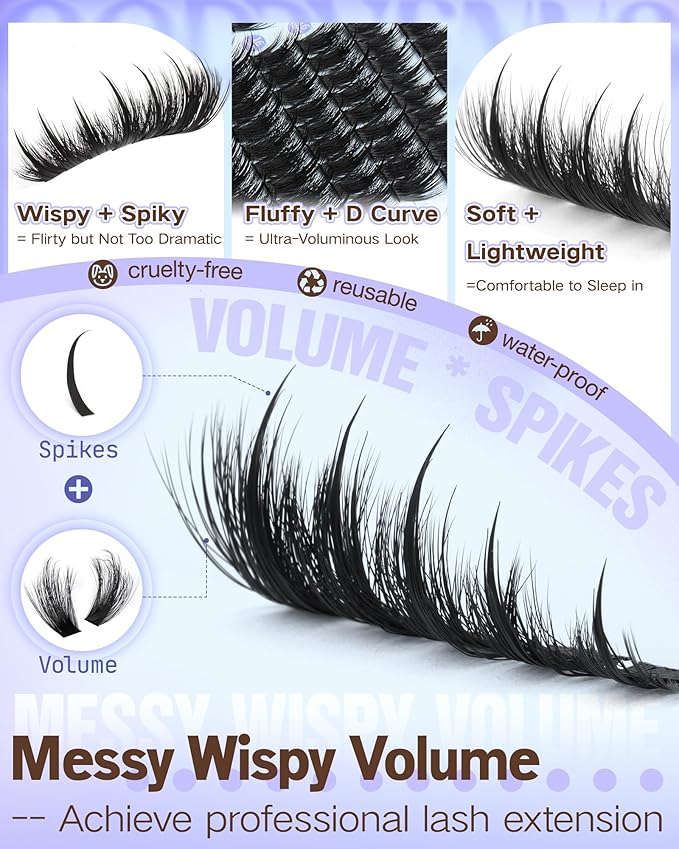 Manga Lashes Clusters with Spikes Messy Wispy Volume Eyelash Clusters Kit Fairy D Curl Cluster Eyelash Extensions Kit Waterproof Fluffy Anime DIY Individual Lash Cluster Extension (14-20mm)