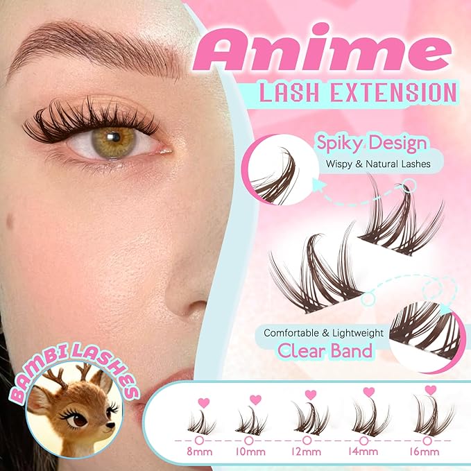 Lash Clusters Brown Manga Lash Clusters Spiky Doll Individual Lashes 120Pcs D Curl 8-16MM Doe Eyed Cluster Eyelash Extensions with Clear Band for DIY at Home (Narcissus-Brown)
