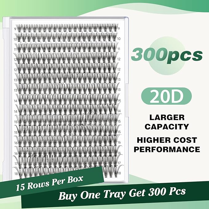 Lash Clusters 300Pcs Individual Lashes 20D 0.07D Curl9-18MIX Lash Extensions Clusters Lashes Soft&Natural False Eyelashes Individual DIY Eyelash Extension at Home(20D-0.07D,9-18MIX)