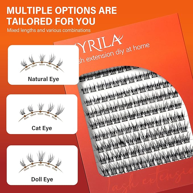Lash Cluster 144pcs Individual Lashes,8-16mm Diy Lash Extension,C Curl Lash Clusters Wispy,3D Natural Lash Clusters Look Like Eyelash Extension DIY at Home (Orange Spirit-C-8-16mix)