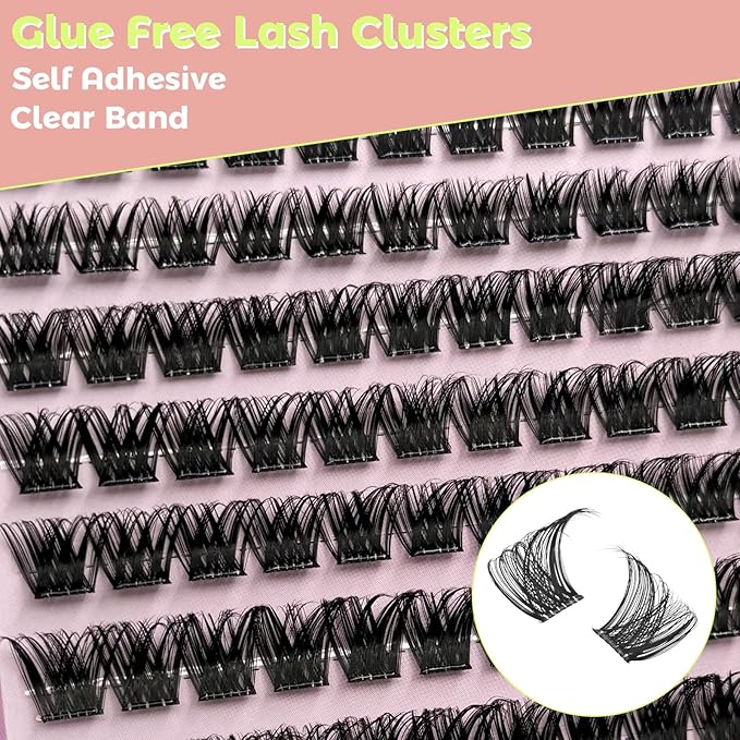 MIKIWI Self Adhesive Lash Clusters, No Glue Needed Wispy D-Curl Lash Clusters 10-16mm Pre Glued Eyelashes Clusters No Residue Self Adhesive Eyelashes