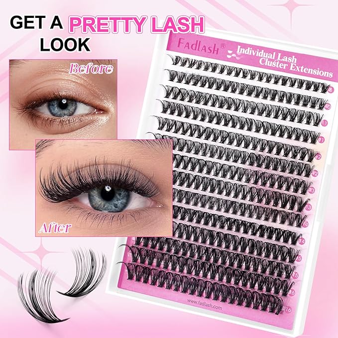 FADLASH Lash Clusters Kit Individual Eyelash Clusters D Curl 40D 8-16mm Eyelash Extension Kit 280Pcs Lash Extensions with Lash Bond and Seal Lash Tweezer for Self Application (40D-0.07D-8-16mm KIT)