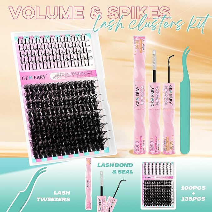 GEMERRY Lash Clusters Kit 80D Long 12-21mm with Spikes Cluster Eyelash Extensions Kit DIY Wispy Natural Lash Clusters with Lash Bond and Seal Spiky Individual Lashes Eyelashes