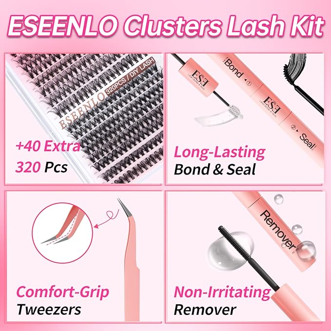 Lash Extension Kit, 320pcs DIY Eyelash Extension Kit 9-16mm Mix, 30D 40D Curl Individual Lash Clusters with Bond, Seal, Remover and Tweezers