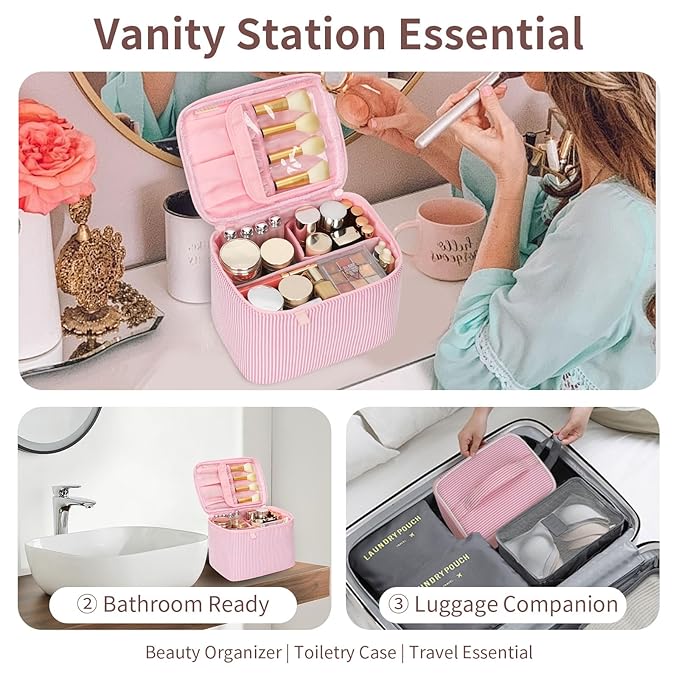 OCHEAL Makeup Bag Large Capacity Travel Make up Pouch for Cosmetics, Vertical Storage with Divider Toiletry Bag for Skincare Organization-Pink