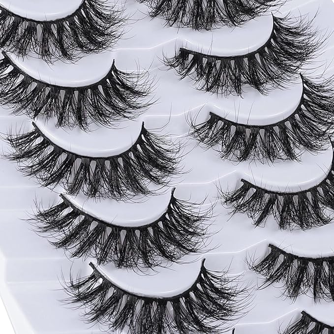 False Lashes Fake Eyelashes Cat Eye Lashes Faux Mink Lashes Natural Look 8D Fluffy Wispy Lashes That Look Like Extensions Pestañas Postizas D Curl Lash Strips 7 Pairs Pack
