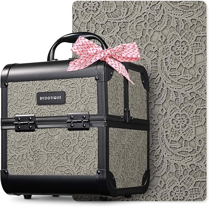 BYOOTIQUE Makeup Box Organizer with Mirror 2-Tier Trays Hairdressing Case Lash Storage Box for Manicurist Nail Tech Travel Beauty Salon Hairstylist,Rococo GainsBoro