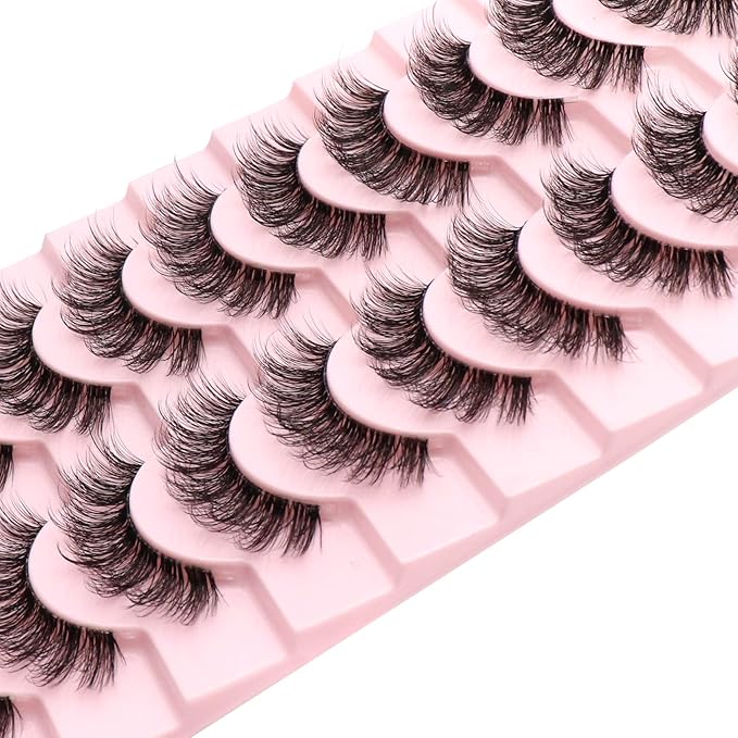Veleasha Clear Band Lashes 10 Pairs Pack D Curl Russian Strip Lashes,Natural Look Transparent Soft Band Faux Mink Eyelashes for Eye Makeup (D03-T)
