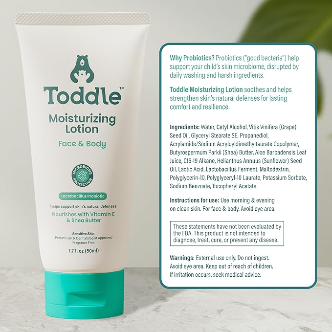 Probiotic Moisturizing Lotion for Face & Body, Eczema & Dry Skin Relief, Fragrance-Free with Vitamin E, Shea Butter for Sensitive Baby & Kids Skin, Pediatrician-Approved, Travel Size 1.7oz