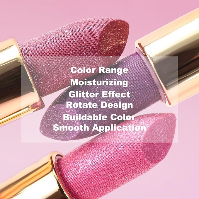 Metallic Lipstick Glitter Lip Stick Long Lasting Waterproof Shine Lip Crayon without Drying or Fading Sparkling High Pigmented Lip Stain Transfer-proof Wear Full Coverage Makeup for Women, 3