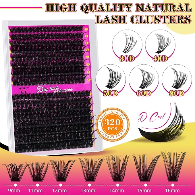 Lash Clusters 320PCS Individual Lashes D Curl Eyelash Clusters Mixed Length Cluster Eyelash Extensions Clusters Lashes with Thin Band Soft False Eyelashes DIY at Home(60D+80D,D-Mix9-16mm)