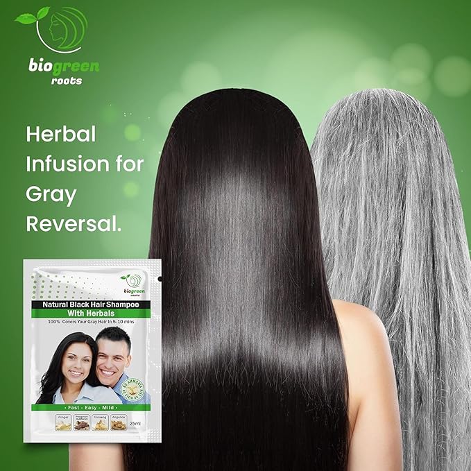 Ammonia-Free & Paraben Free Herbal Hair Shampoo - Hair Dye Shampoo for Women & Men - Natural Color & Herbal Nourishment - No Stain on Skin - Natural Black (100 sachets x 25 ml)