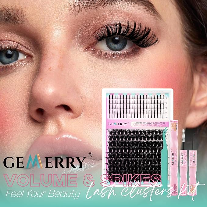 GEMERRY Lash Clusters Kit 100D Long 12-21mm with Spikes Cluster Eyelash Extensions Kit DIY Wispy Natural Lash Clusters with Lash Bond and Seal Spiky Individual Lashes Eyelashes