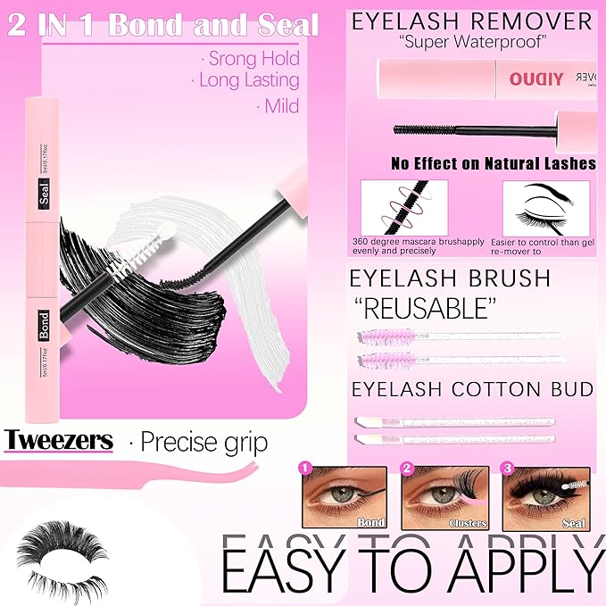 6 Styles Mix Lashes Clusters Kit 3 Box Cluster Lash Book Kit with 2X Bond&Seal 1520Pcs 100D/200D/300D Volume Individual Eyelash Extension Gift Packs for Beginners Bulk Pack. DIY at Home Easily
