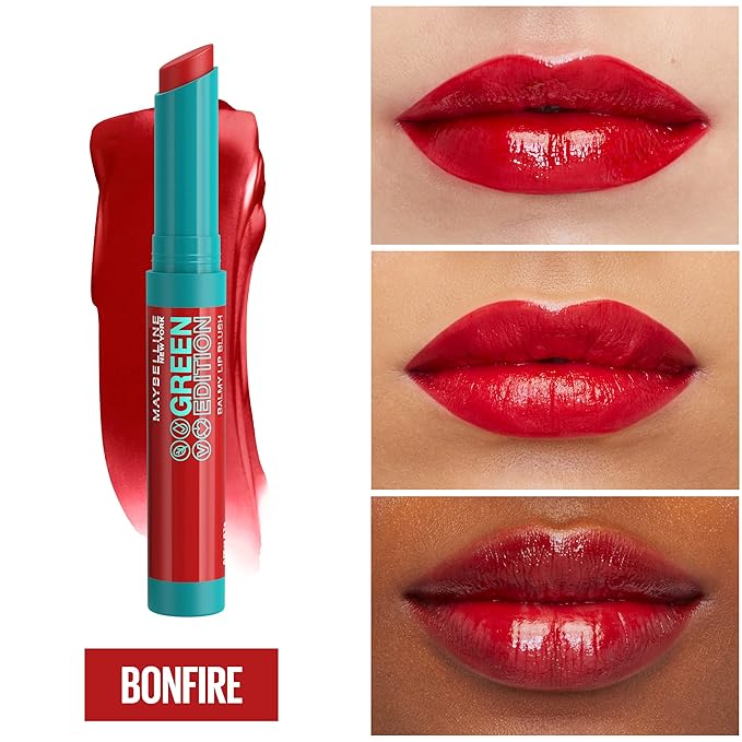 Maybelline Green Edition Balmy Lip Blush, Formulated With Mango Oil, Bonfire, Blue Red, 1 Count