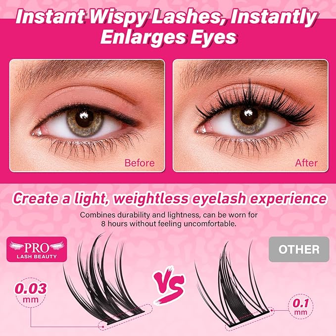 Lash Clusters Kit with Lash Bond and Seal Eyelash Applictor Lash Remover DIY Lash Extension Kit for Beginner Waterproof Resuable Eyelash Extensions at Home (Dewy,8-16mix)