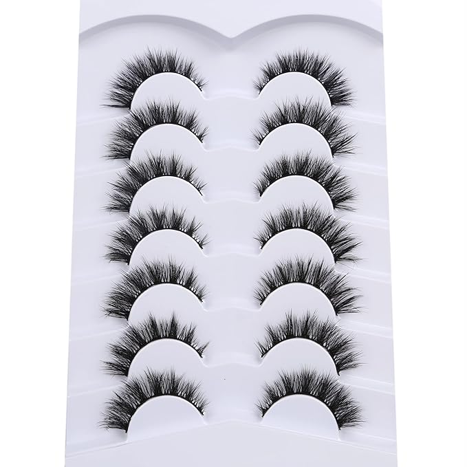 Pooplunch False Eyelashes Cat Eye Lashes Natural Clusters Short 8D Volume Wispy Faux Mink Lashes Fake Eyelash Strips 7 Pairs Pack