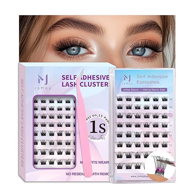 JoMay Self Adhesive Eyelashes, Press on Lashes No Glue Needed, Glueless Lashes Pre-Glued Natural Cluster Extension Kit D Curl For Beginners, No Sticky Residue 1 Step DIY 48PCS 10-16mm X01