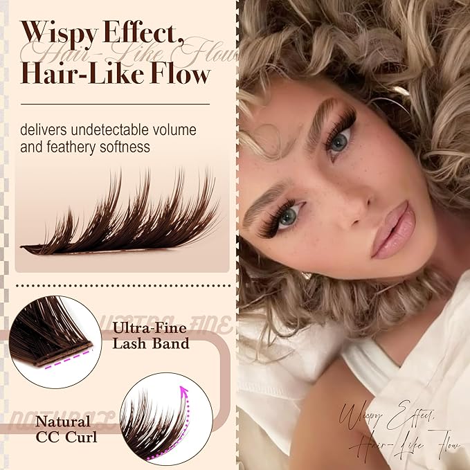 Brown Lash Clutsers Wispy Cluster Eyelash Extensions Fluffy Individual Lashes Natural Cluster Lashes Dark Brown Lash Extensions Fairy Lash Spikes Extension Soft Vibe Look (144Pcs CC Curve 10-16MM)