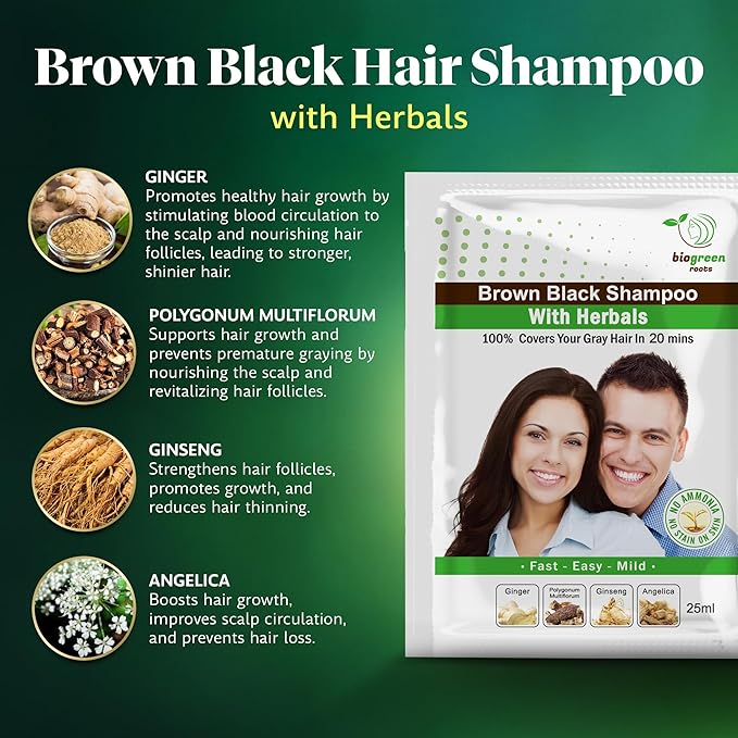 Ammonia-Free & Paraben Free Herbal Color Hair Dye Shampoo for Women & Men – Natural Dye Brown Shampoo Herbal Treatment – Effective Grey Coverage - Brown Black (10 sachets x 25 ml)