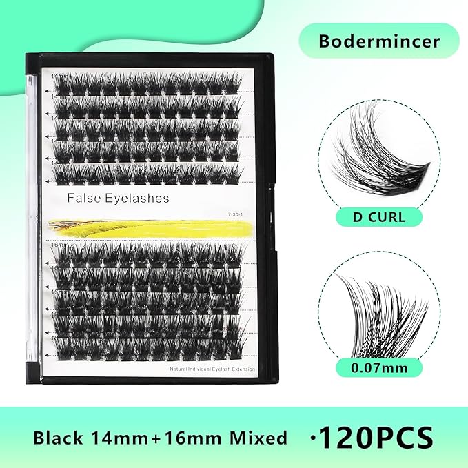 Bodermincer 120 Clusters 10mm+12mm/12mm+14mm/14mm+16mm Mixed Wide Cluster False Eyelash Individual Cluster EyeLashes Grafting Fake False Eyelashes Eyelash Extension (Black 16mm+18mm Mixed)