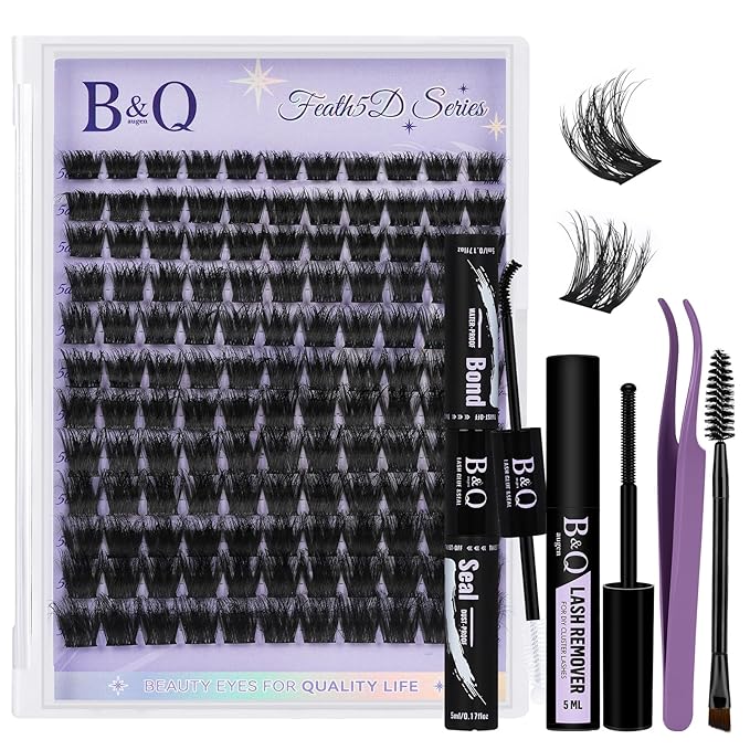 B&Q Lash Clusters Kit 132 pcs 5D Layered Volume Lash Extension Kit 8-18 mm Feathery Soft Lightweight Eyelash Clusters with Waterproof Bond and Seal Eyelash Applicator Remover (Set-Feath5D 06)